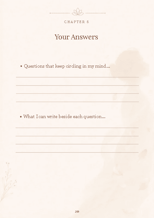 guide i . page 209 Guide I writing page with prompts and lined spaces for answers to The Questions That Keep You Stuck.