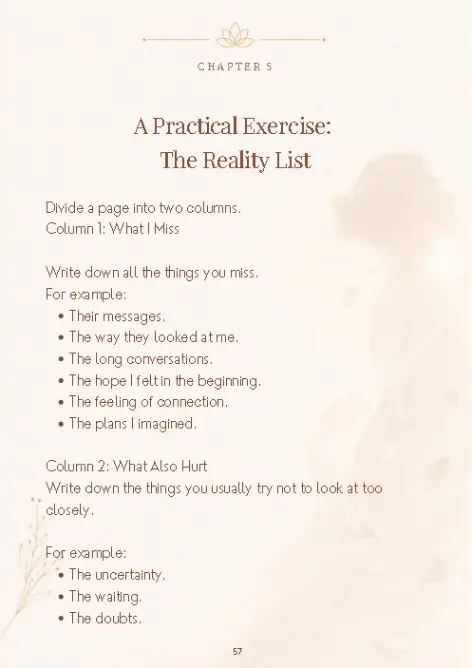 Guide I - Practical Exercise: The Reality List Guide I practical exercise page titled “The Reality List,” with prompts to compare what the reader misses with what also hurt in the relationship.