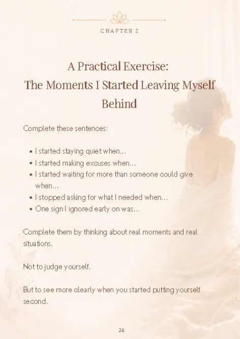 Upward Reads Guide II practical exercise page titled “The Moments I Started Leaving Myself Behind,” with prompts to recognize when the reader began staying quiet, making excuses, or accepting less than she needed.