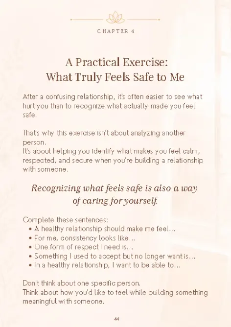 Upward Reads Guide III practical exercise page titled “What Truly Feels Safe to Me,” with prompts to help readers recognize the qualities of a healthy relationship.