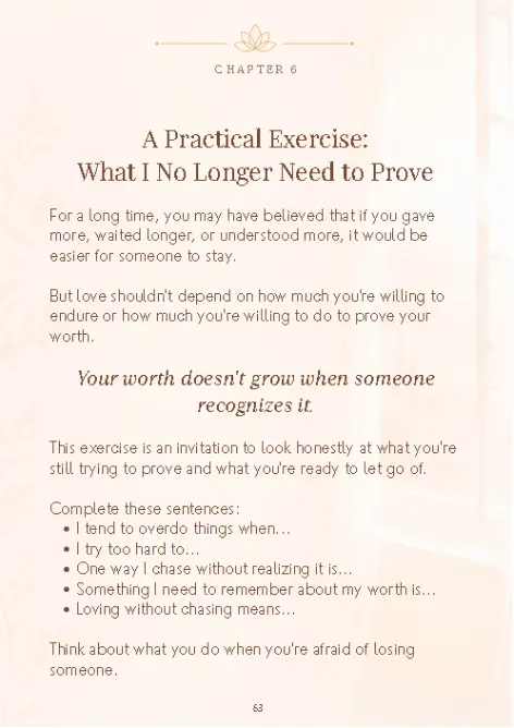 Upward Reads Guide III practical exercise page titled “What I No Longer Need to Prove,” helping readers recognize when they are trying too hard to be chosen or valued.