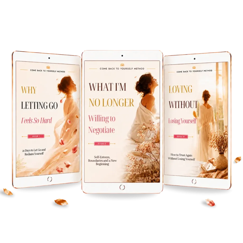 Three tablets displaying the covers of Why Letting Go Feels So Hard, What I'm No Longer Willing to Negotiate, and Loving Without Losing Yourself guides
