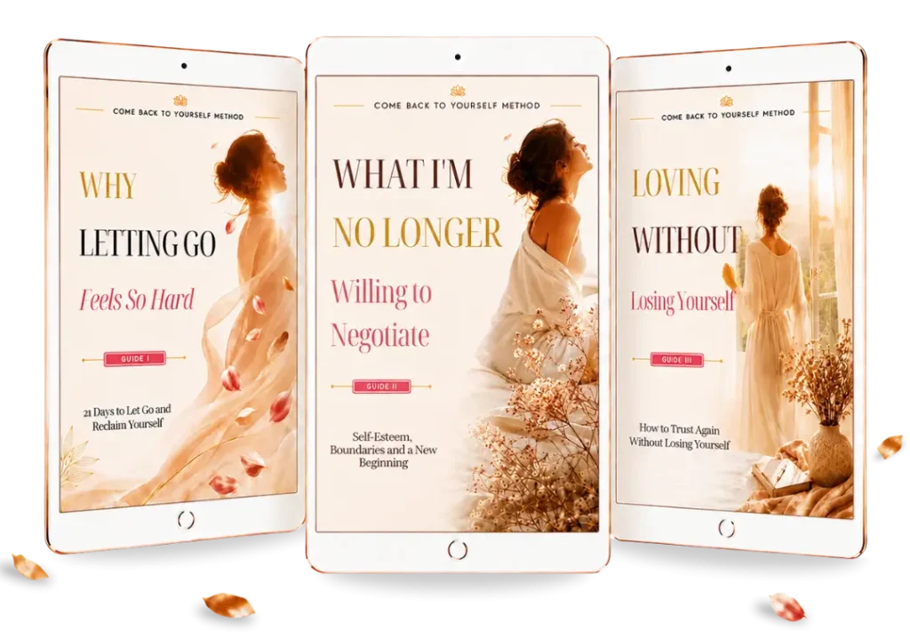 Upward Reads Three tablets displaying the covers of Why Letting Go Feels So Hard, What I'm No Longer Willing to Negotiate, and Loving Without Losing Yourself guides