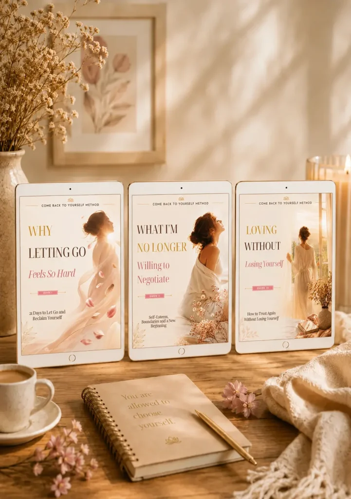 Three tablets displaying the covers of Why Letting Go Feels So Hard, What I'm No Longer Willing to Negotiate, and Loving Without Losing Yourself, with a journal and coffee cup nearby