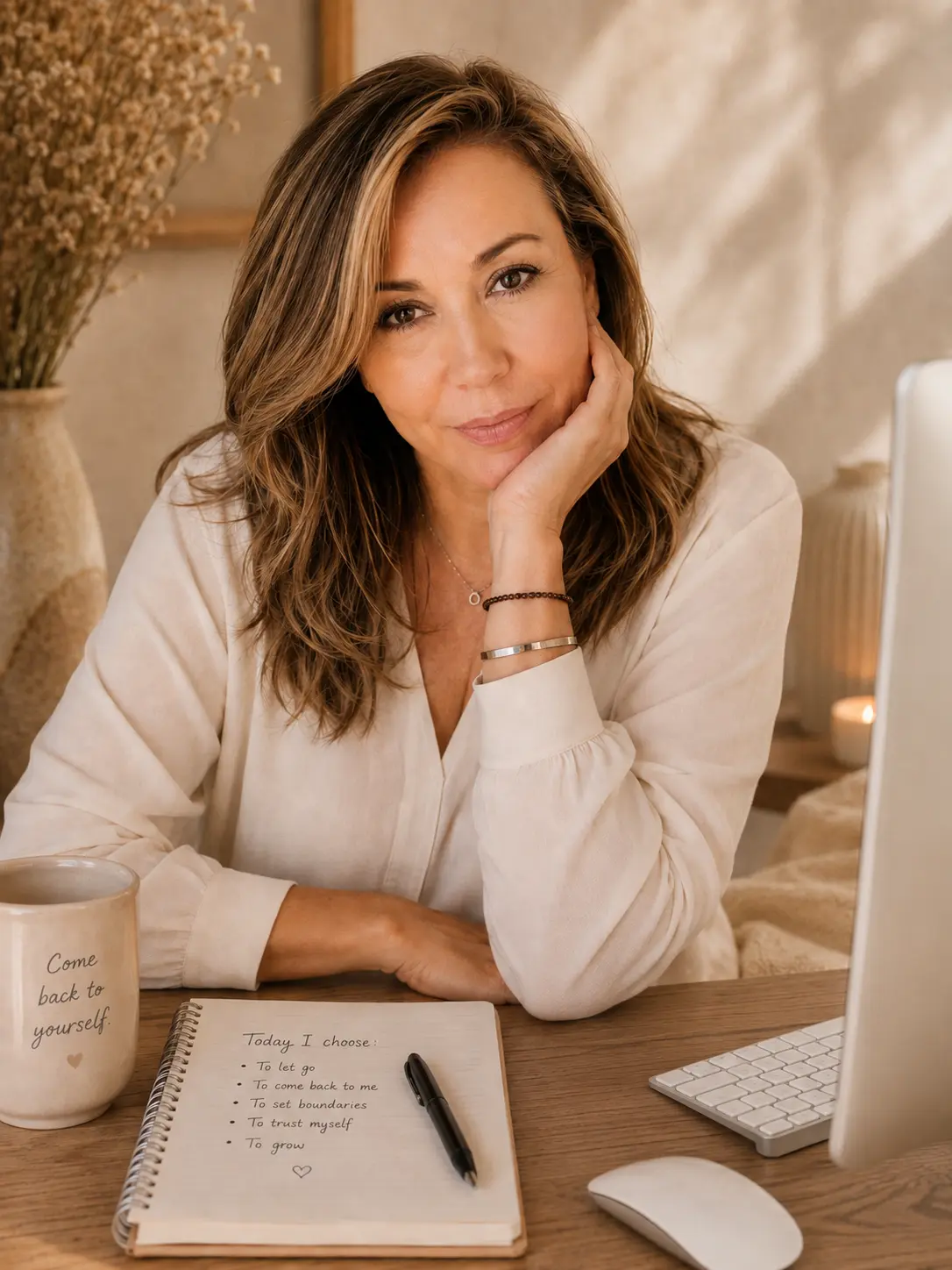 Woman resting her chin on her hand at a desk with a journal and coffee mug reading 'Come back to yourself