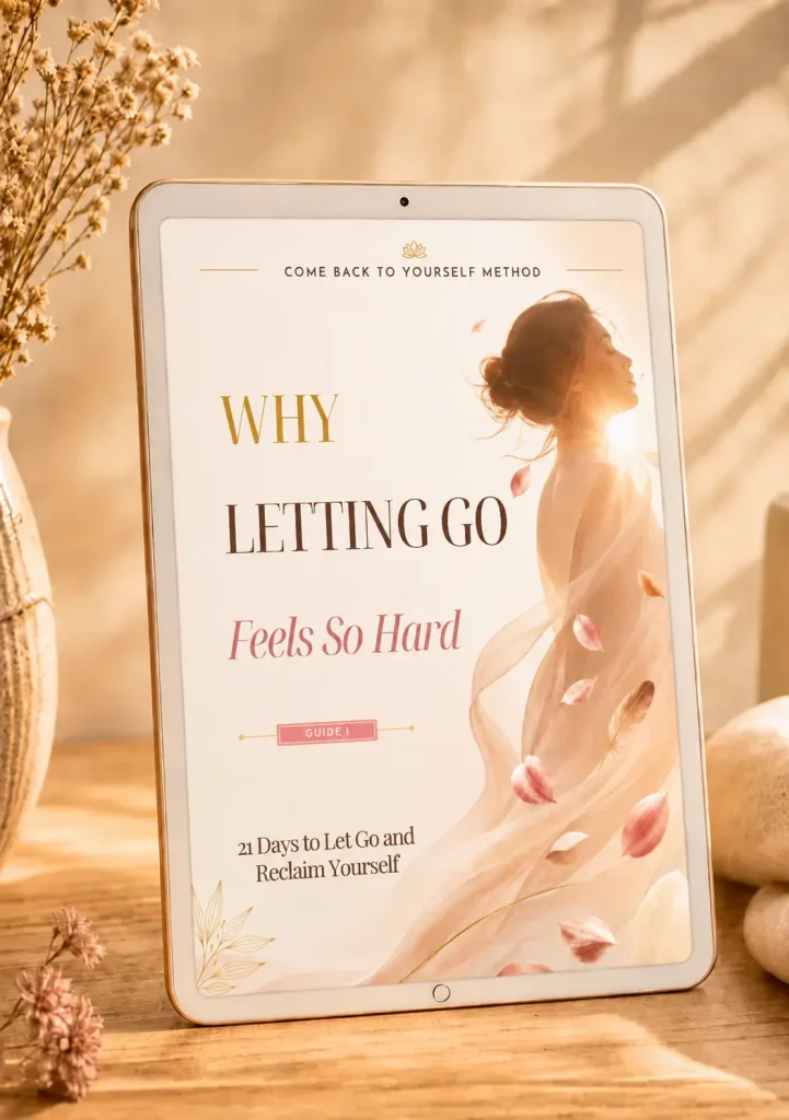Tablet displaying Guide I cover, Why Letting Go Feels So Hard, 21 Days to Let Go and Reclaim Yourself