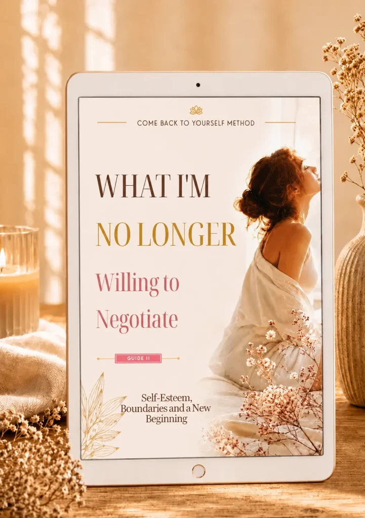 Tablet displaying Guide II cover, What I'm No Longer Willing to Negotiate, Self-Esteem, Boundaries and a New Beginning
