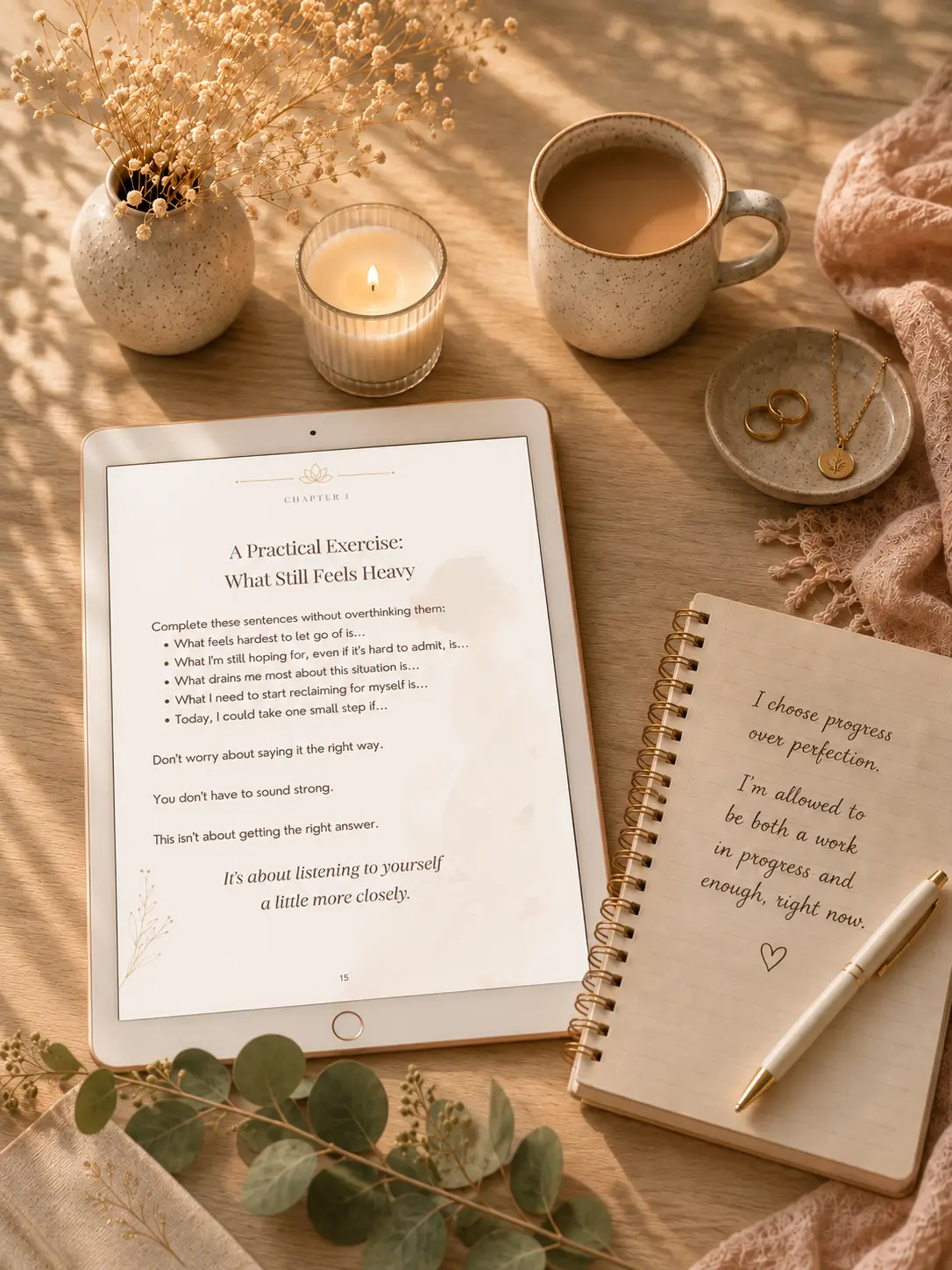 Tablet showing a guided exercise page next to a handwritten journal, candle, and coffee cup