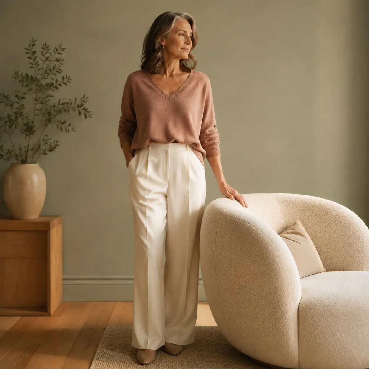 Why Boundaries Feel So Hard Woman standing confidently by an armchair in a calm, neutral-toned living room