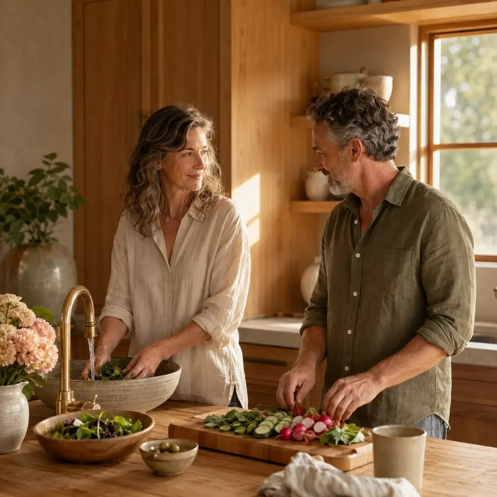 What Healthy Love Feels Like Couple preparing food together in a kitchen, smiling at each other