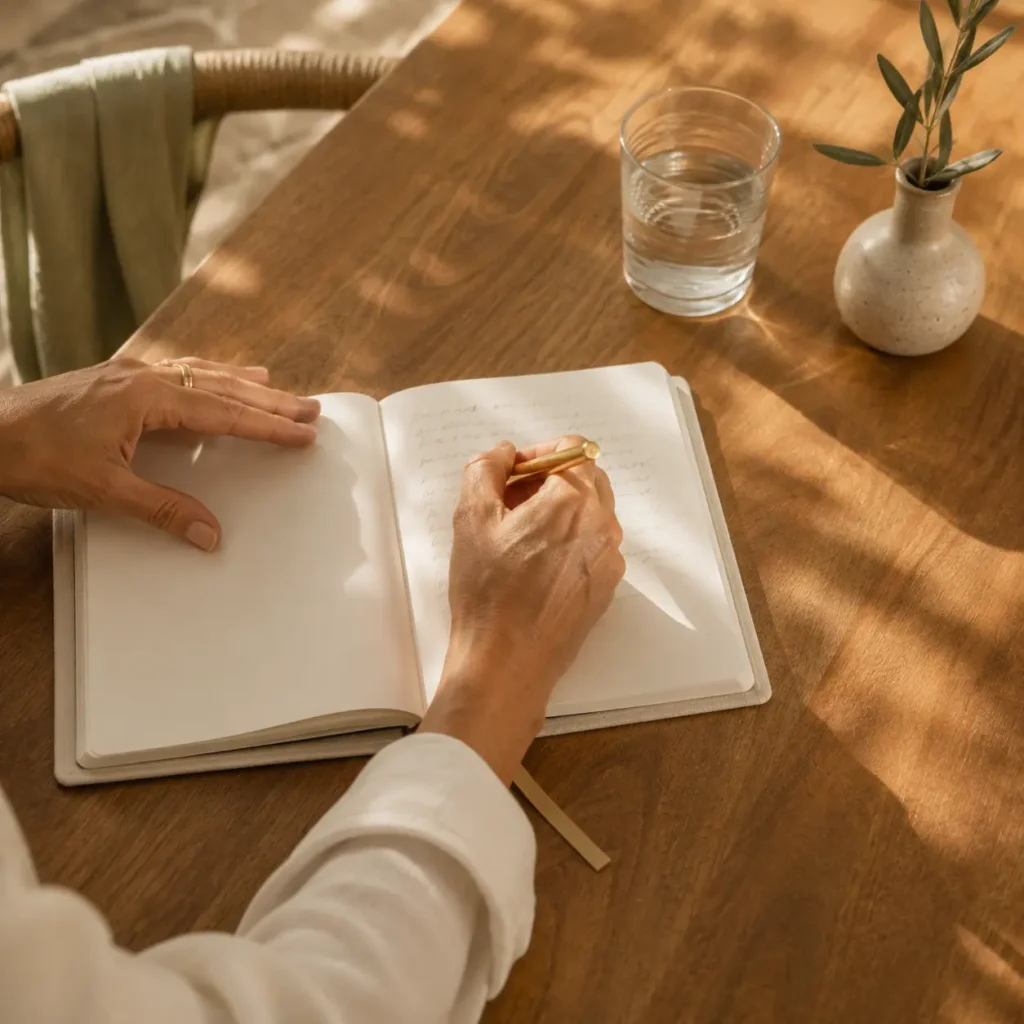 Woman writing in a journal at a wooden table with a glass of water nearby