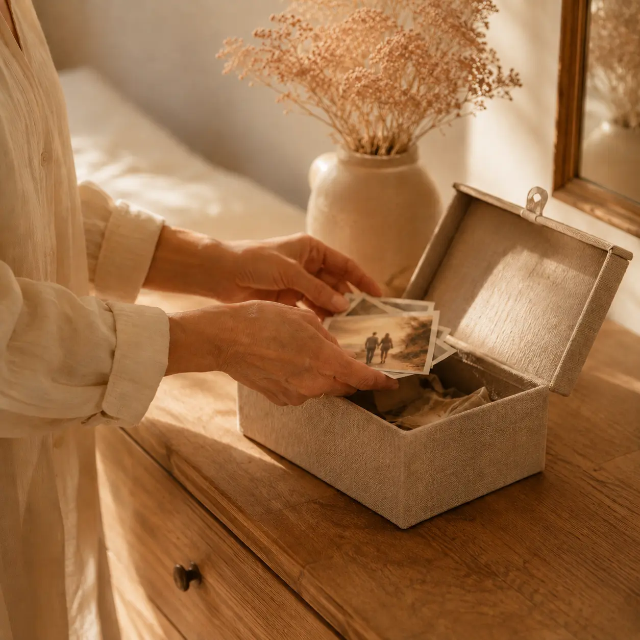 Why You Miss the Good Parts Woman placing old photographs into a keepsake box on a wooden dresser
