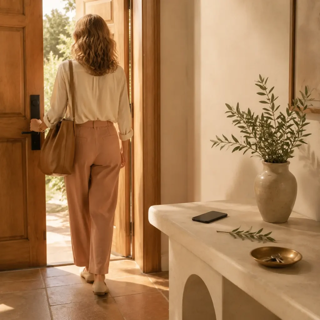 Woman walking out an open door while a phone sits face-down on a table behind her