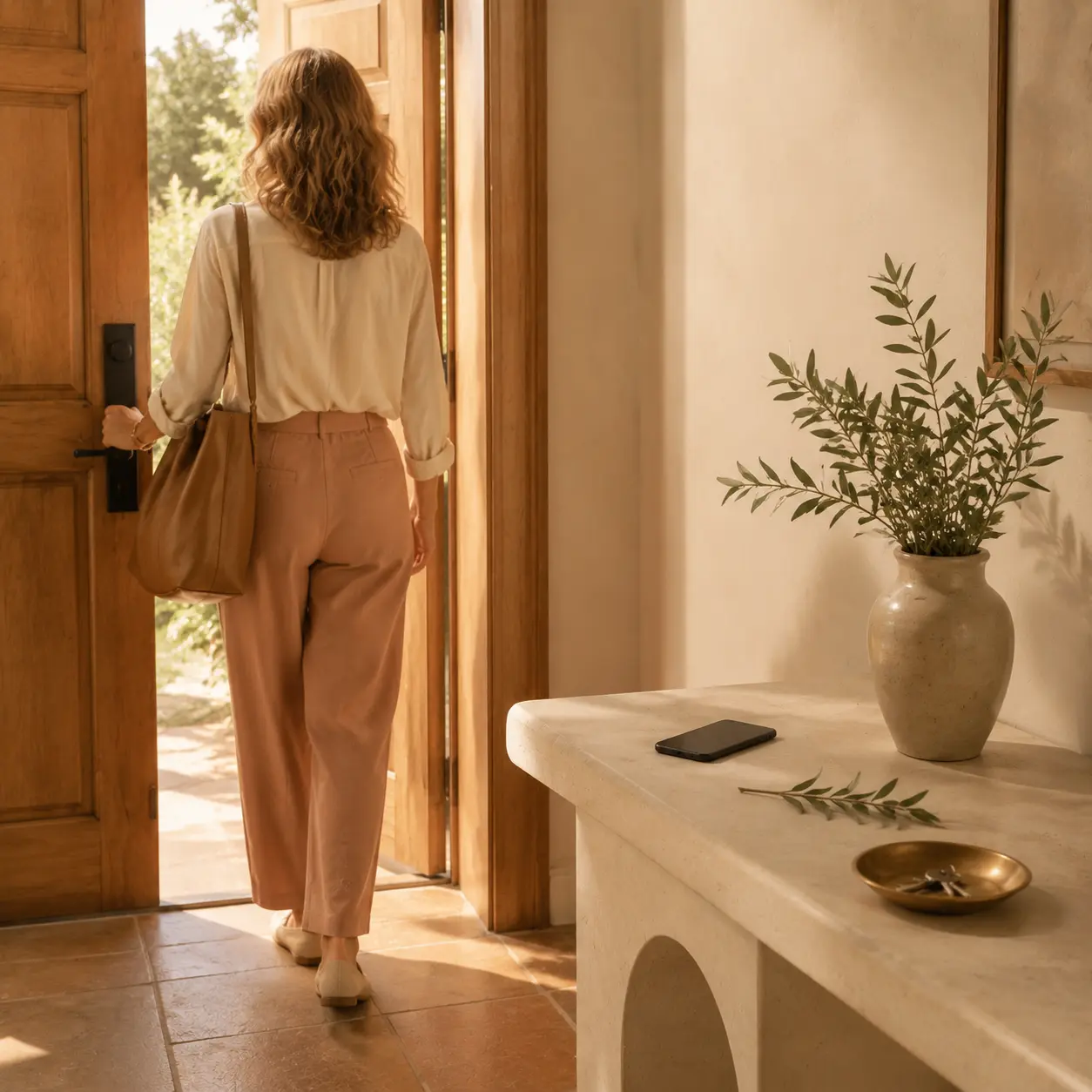 Stop Checking Their Social Media Woman walking out an open door while a phone sits face-down on a table behind her