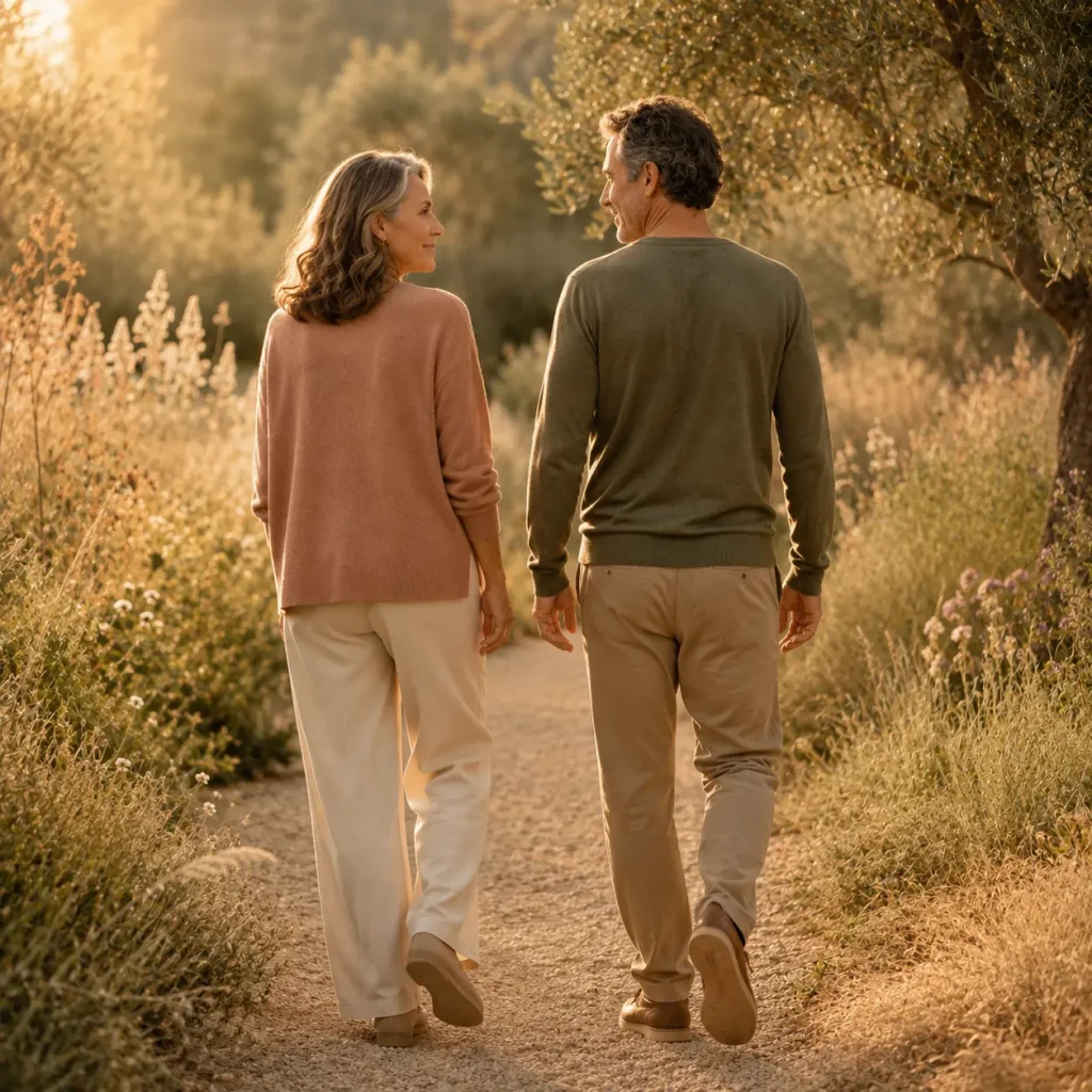 Couple walking together on a garden path, smiling at each other in golden light
