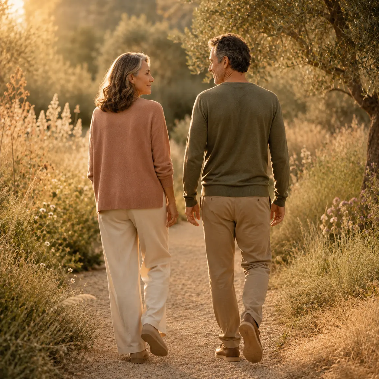 How to Trust Again Couple walking together on a garden path, smiling at each other in golden light