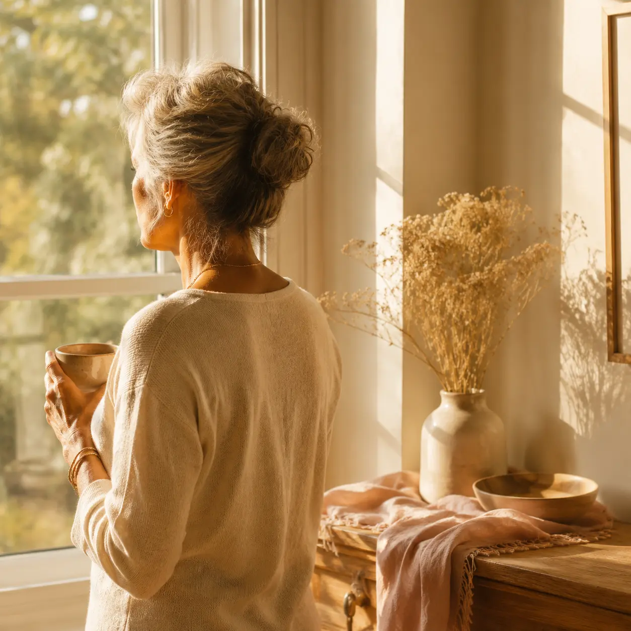 Why Letting Go Feels So Hard Woman standing by a window holding a cup, looking outside while reflecting on letting go