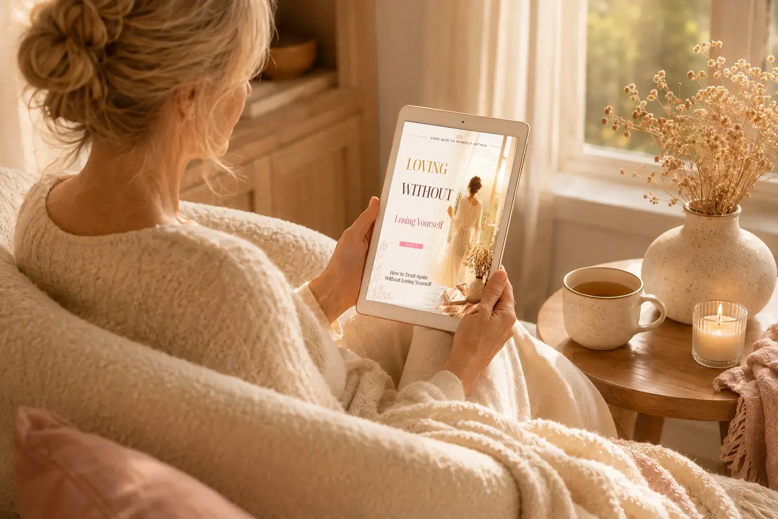 About Woman reading the Loving Without Losing Yourself guide on a tablet, wrapped in a blanket by a window