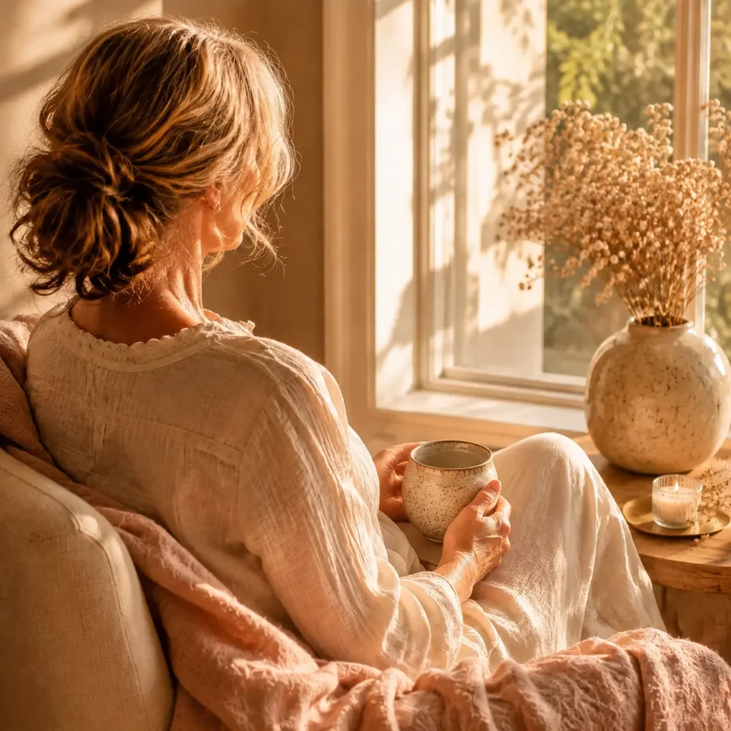 Woman sitting by a window wrapped in a blanket, holding a cup and looking outside